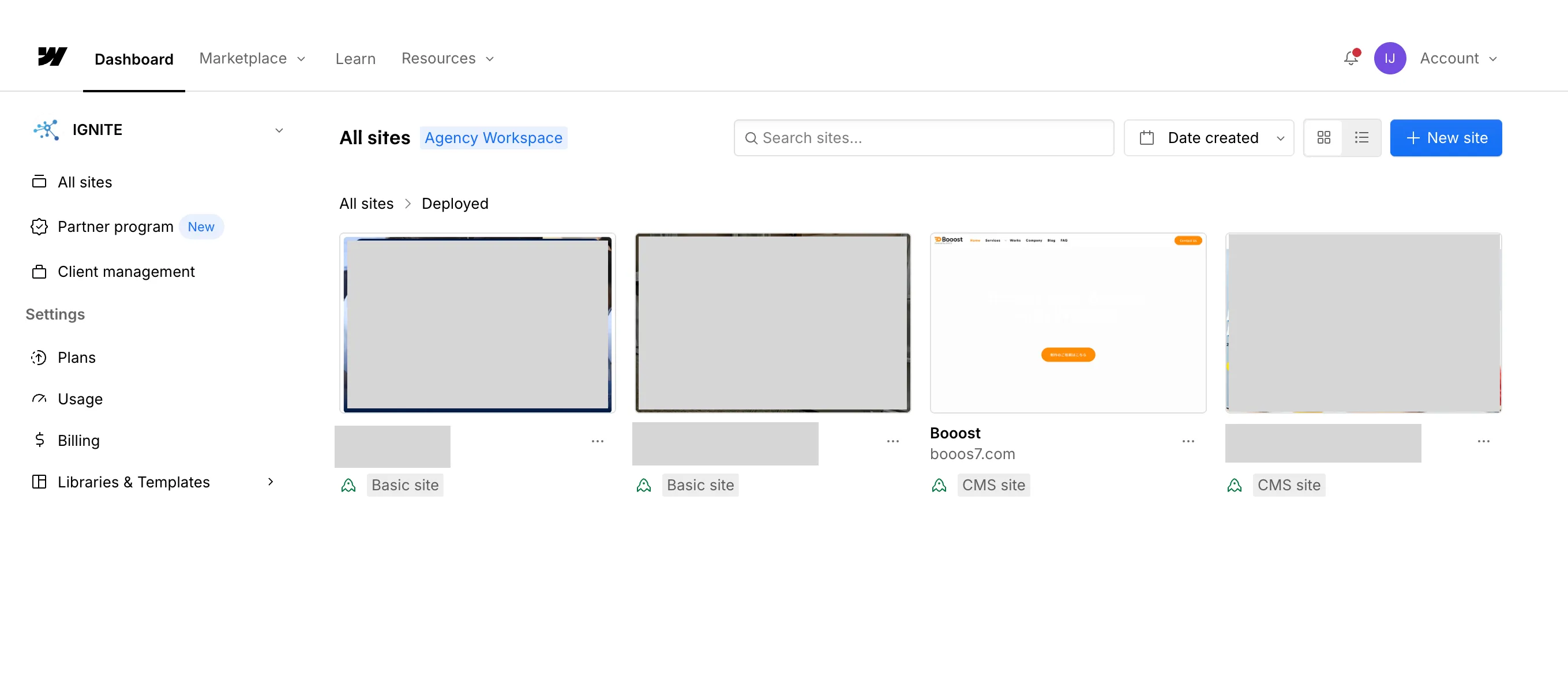 WebflowダッシュボードのAll sites一覧