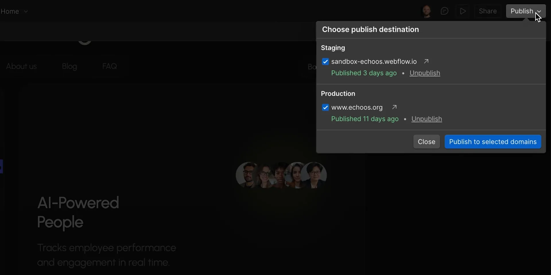 Webflow公式: 公開先(Staging/Production)選択ダイアログ