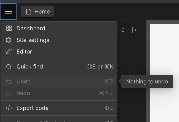 Undoが無効で「Nothing to undo」と表示された状態